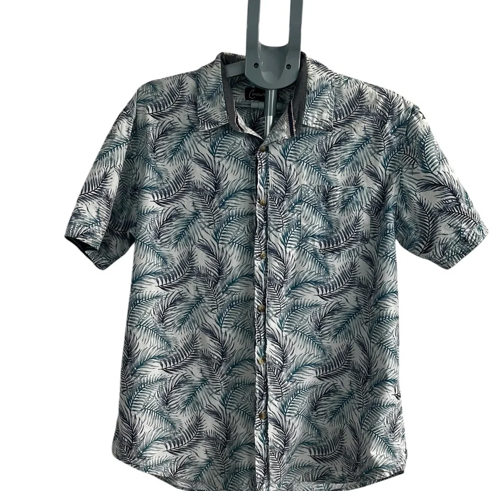 Costal Palm Leaf Print Button Up-Shirt 100% Cotton Men’s L Tropical Summer